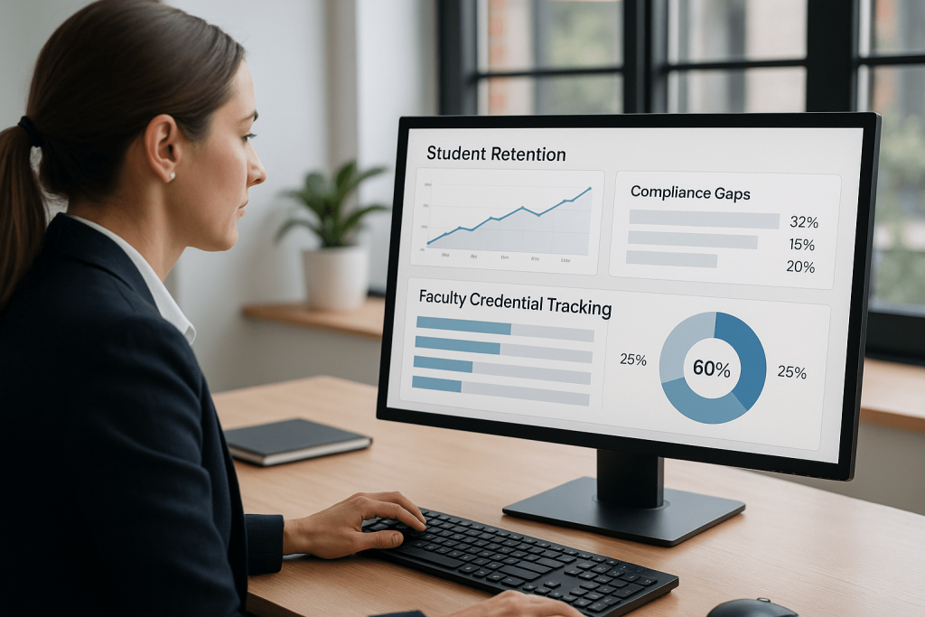 Woman analyzing institutional performance data on screen including student retention, faculty credential tracking, and compliance gaps - NIU College Woman analyzing institutional performance data on screen including student retention, faculty credential tracking, and compliance gaps